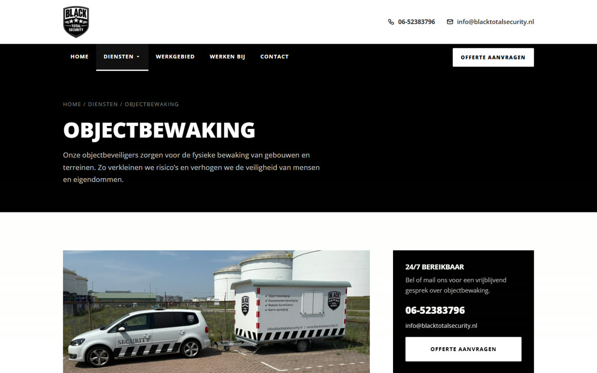 Website van Black Total Security: pagina over objectbewaking