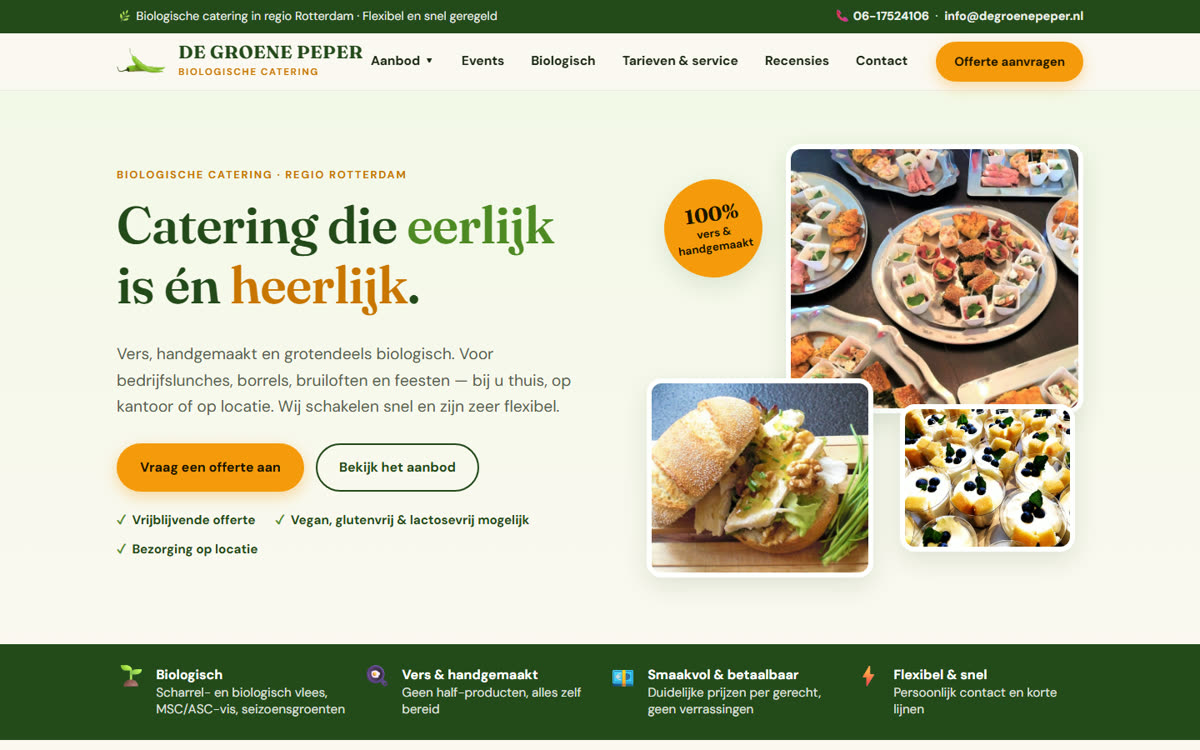 Herontwerp van de website van De Groene Peper: biologische catering in regio Rotterdam