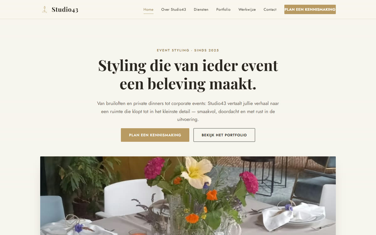 Website van Studio43: event styling voor bruiloften, diners en feesten